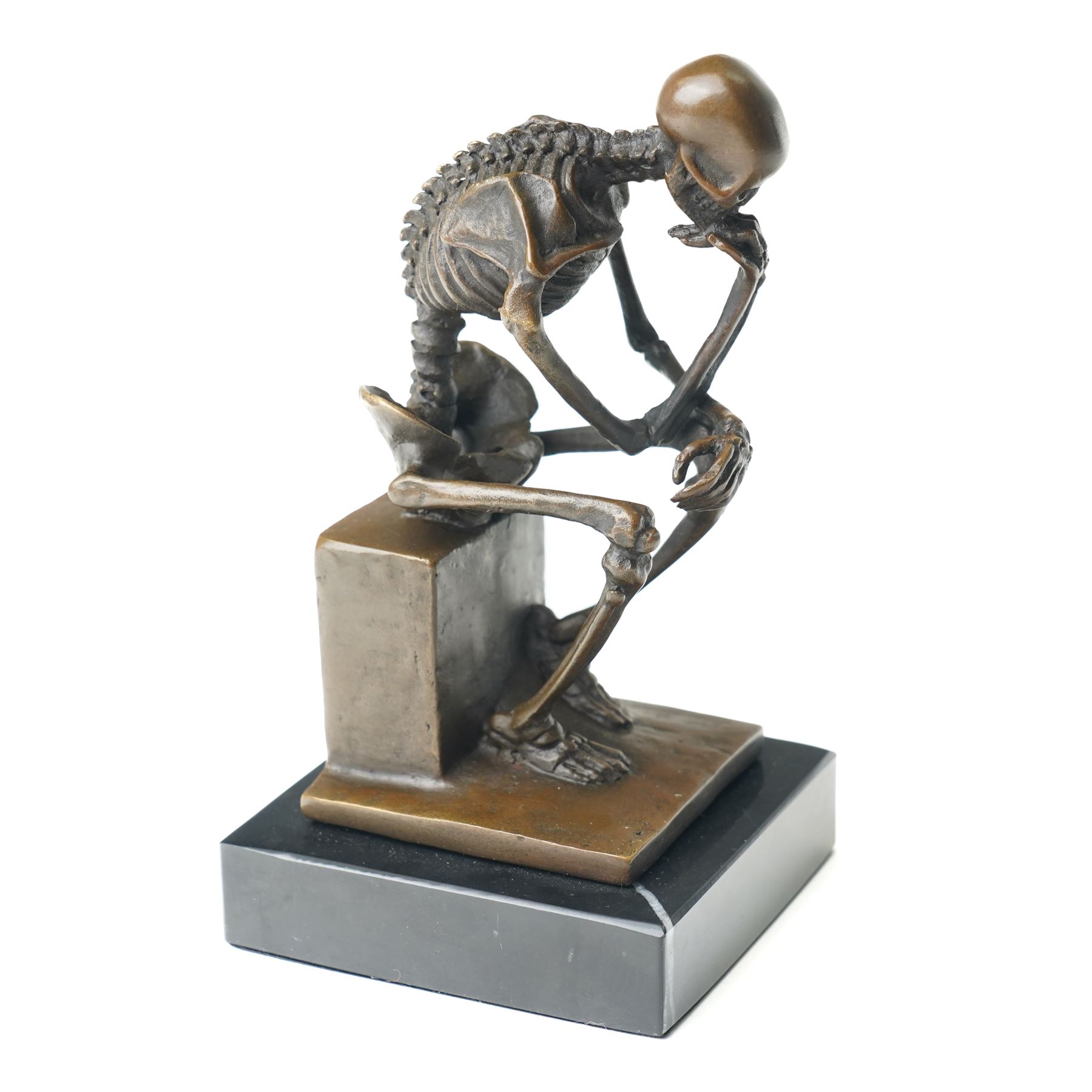 Bronze skeleton modelled as 'The Thinker', on black marble base, signed 'Milo' to plinth, H14cm