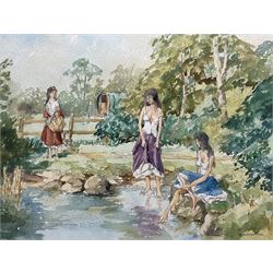 Barry Claughton (British 20th century): Ladies at the Pond, watercolour signed 35cm x 48cm; Eric Sturgeon (British 1920-1999): 'The Village Green', limited edition print signed and numbered 445/850 in pencil 33cm x 47cm; Cliff Oldfiend (British Contemporary): 'A Walk in Silpho', watercolour signed, titled verso 25cm x 37cm (3)