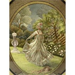George III silkwork picture, of oval form depicting a female figure in garden setting, within a silkwork border detailed with verse from Robert Burns Bonnie Peg, 'Her air sae sweet, and shape complete, The Queen of Love did never move, Wi' Motion mair enchanting!', and monograms 'FV' and 'SM', in reeded gilt frame and gilt mount, indistinctly inscribed in pencil verso, overall H36cm L30.5cm