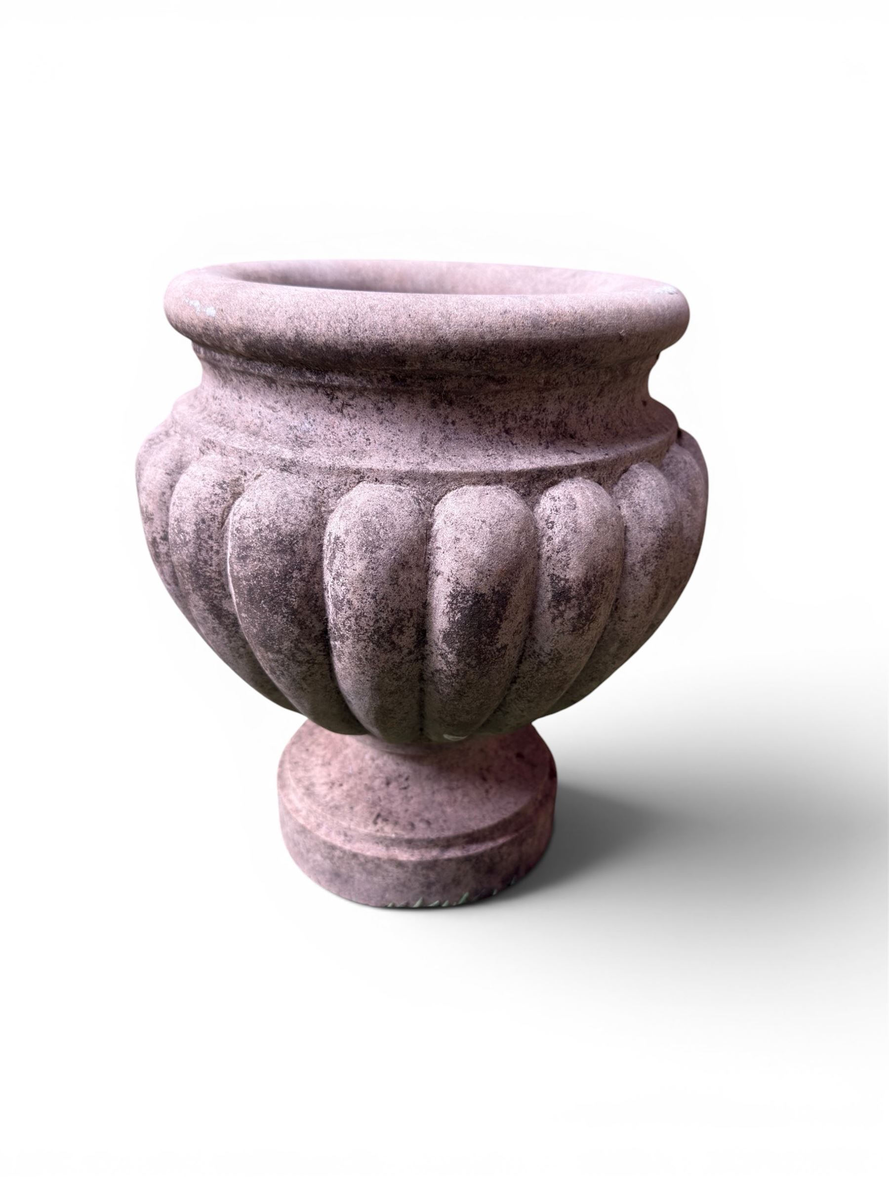 Small marble campana pedestal urn, fluted lobes raised on circular pedestal foot