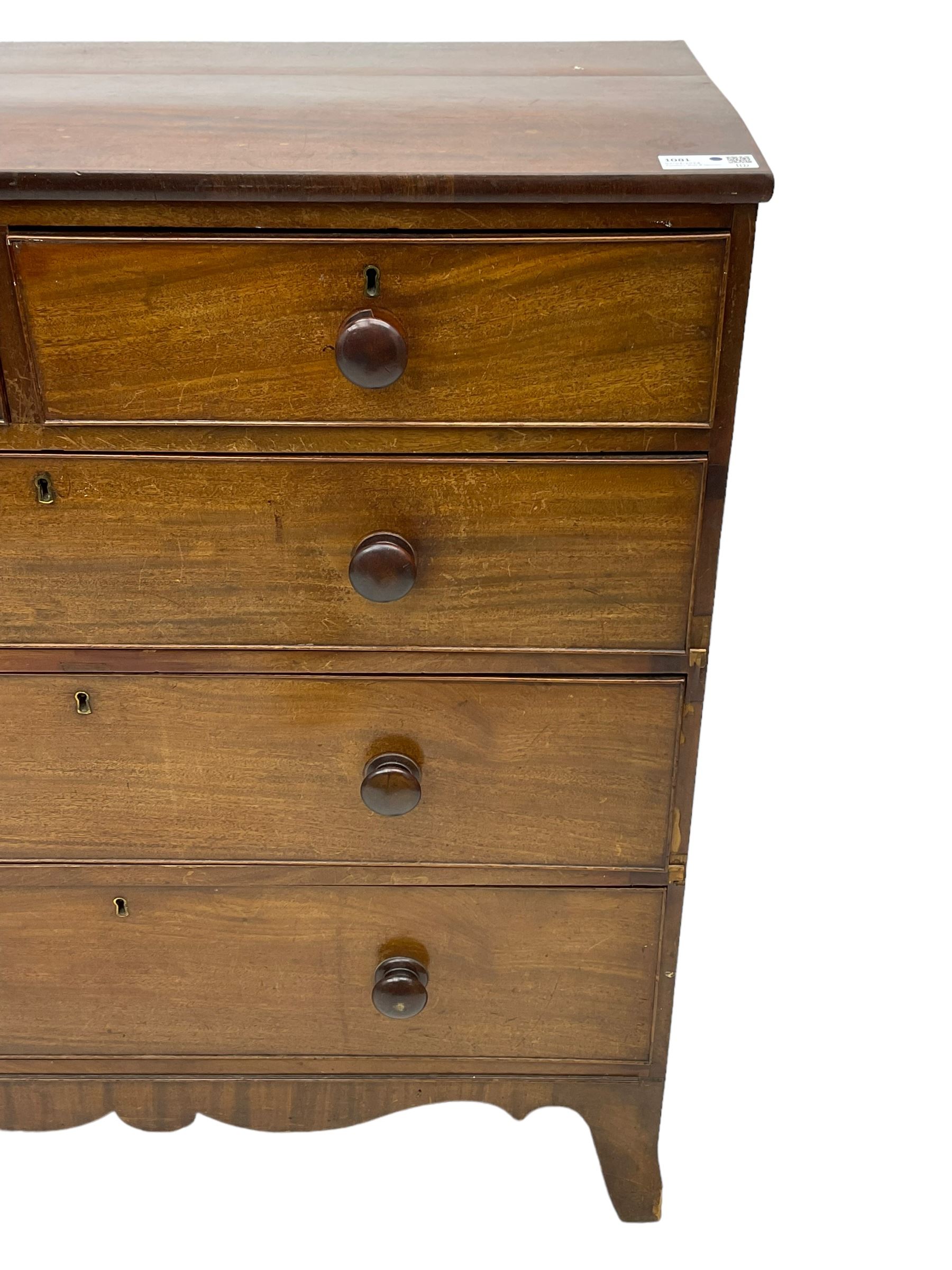 19th century mahogany straight-front chest, fitted with two short over three long cock-beaded graduating drawers, on splayed feet