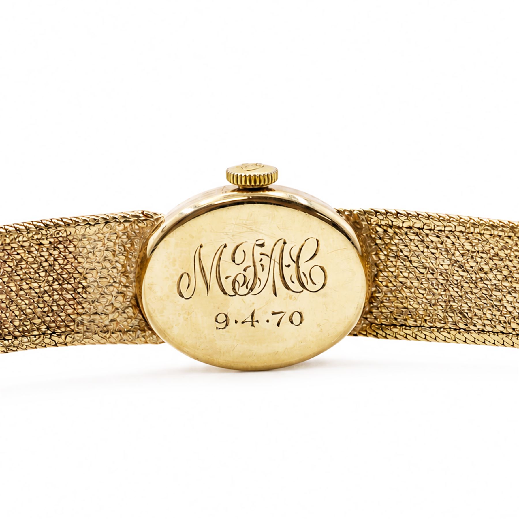 Rotary ladies 9ct gold manual wind wristwatch, gilt dial with baton and Roman numeral hour markers, back case engraved with initials and dated, on integral 9ct gold bracelet, hallmarked