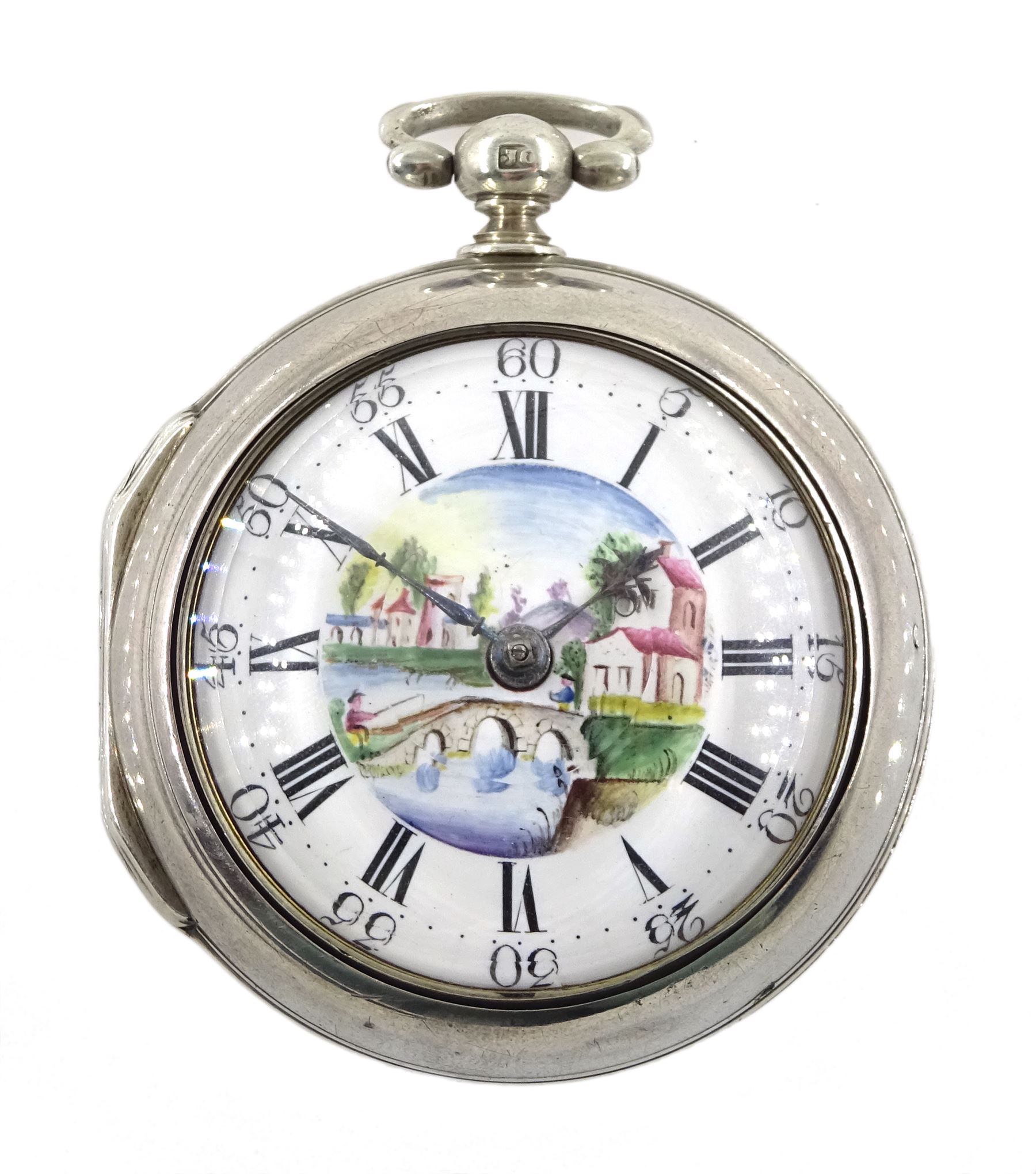 George III silver pair cased verge fusee pocket watch by David Crawford, Newcastle, No. 671, square baluster pillars, pierced and engraved balance cock, enamel polychrome dial depicting a figure fishing by a bridge, Roman hours and Arabic outer minute ring, beetle and poker hands, bull's eye glass, case markers mark D.P, London 1771