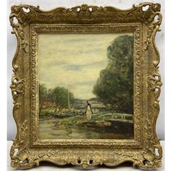 Frederic Stuart Richardson (Staithes Group 1855-1934): Upon Horseback by the Canal Side, oil on canvas signed 26cm x 23cm 
Provenance: exh. Phillips & Sons, Marlow, label verso