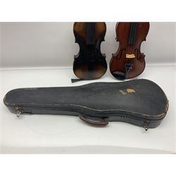 German violin c1890 with 36cm two-piece maple back and ribs and spruce top; bears label 'Antonius Stradivarius Cremona Faciebat Anno 1729' L59.5cm overall; in ebonised wooden 'coffin' case; and two German violins c1890 for completion - one bearing a Stradivarius label, the other a Ruggeri label; both in carrying cases (3)
