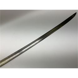 19th century French heavy cavalry officer's sword with 97cm slightly curving fullered steel blade inscribed to the back edge with a Klingenthal maker's mark and dated 1824; gilt brass four-bar hilt with wire-bound leather grip; in steel scabbard L115cm overall