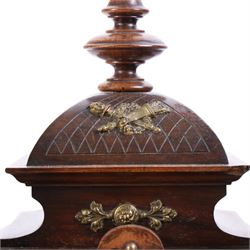 Junhgans eight-day cased mantle clock, with a square etched dial and Roman Numerals, a carved ogee pediment and turned finials, on a broad blinth with bun feet, H49cm