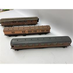 '0' gauge - four early 20th century scratch-built wooden and metal large teak effect passenger coaches with LNER/GNR livery; and another passenger coach with LSWR livery (5)