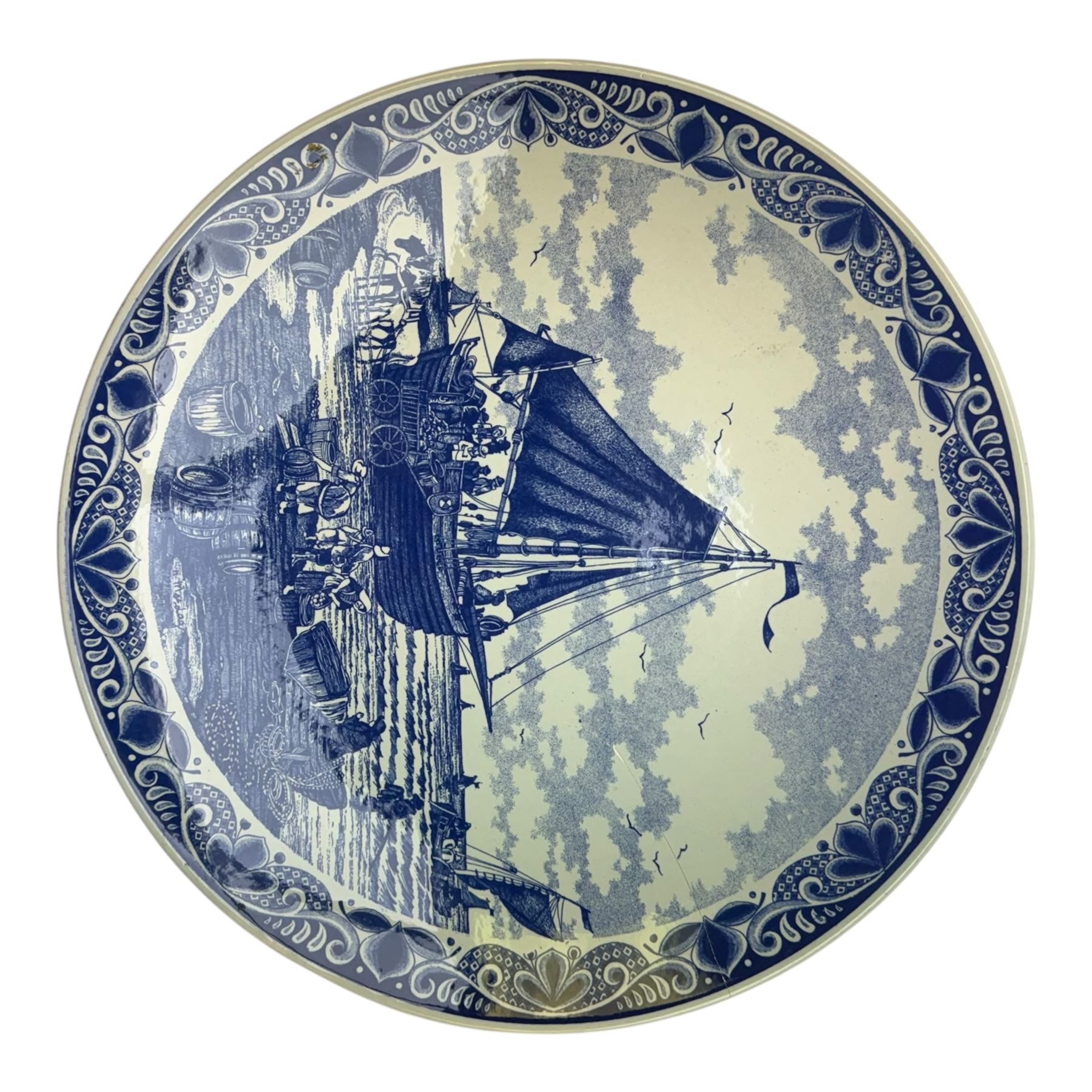 Ten Delft and similar chargers, including Delfts Blauw and Boch examples, largest D40cm