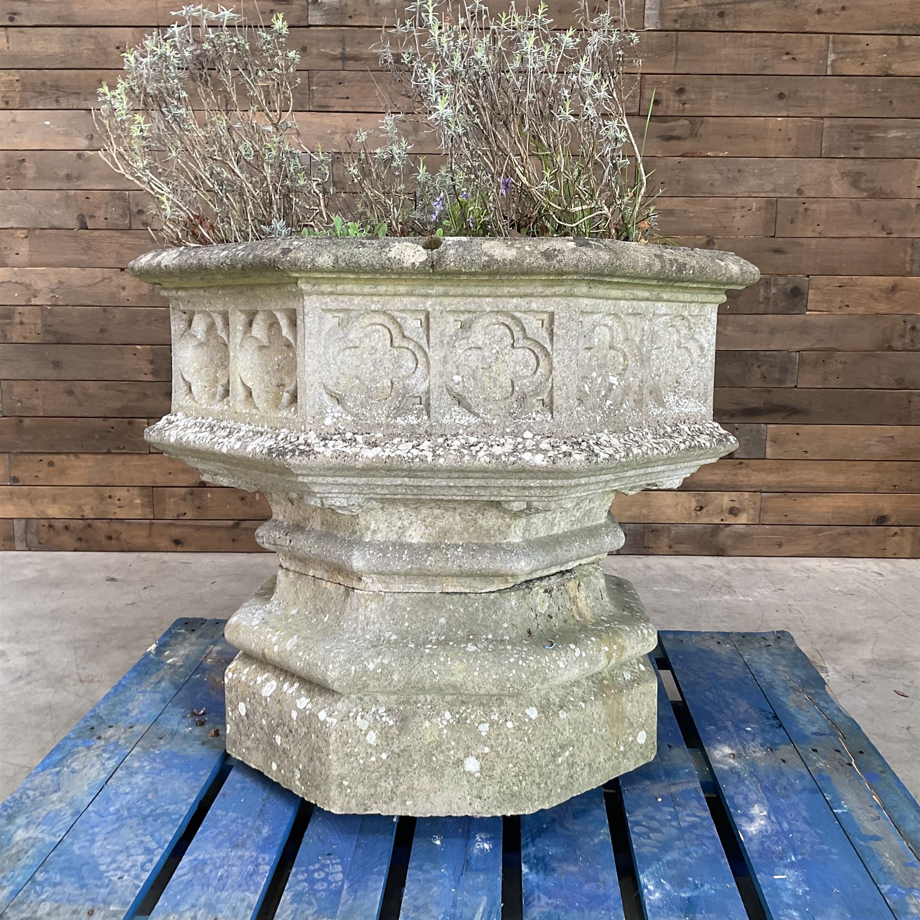 Large gothic design octagonal cast stone centre-piece urn olanter, quatrefoil decoration 