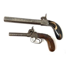 Mid-19th century percussion cap side-by-side double barrel pocket pistol with 7.5cm octagonal barrels and walnut bag stock L21.5cm; and Belgian 16-bore percussion cap pocket pistol with 16cm octagonal barrel, folding trigger and black painted wooden stock L27.5cm (2)