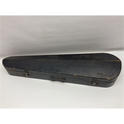 Late 19th century French three-quarter size 'Conservatory' violin with 34cm two-piece maple back and ribs and spruce top, the peg box inscribed 'Conservatory Violin Straduari', bears label 'Antonius Stradiuarius Cremonensis Faciebat Anno 1721' L55.5cm overall; in ebonised wooden 'coffin' case; and Saxony violin c1900 with 36cm two-piece maple back and ribs and spruce top; bears label 'Antonius Stradivarius Cremonensis Faciebat Anno 17**' L59cm overall; in carrying case (2)