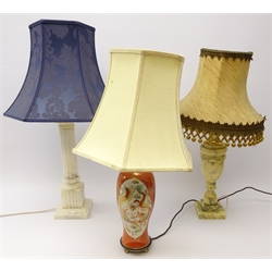  Two alabaster table lamps and a ceramic table lamp decorated with dragons, H36cm  