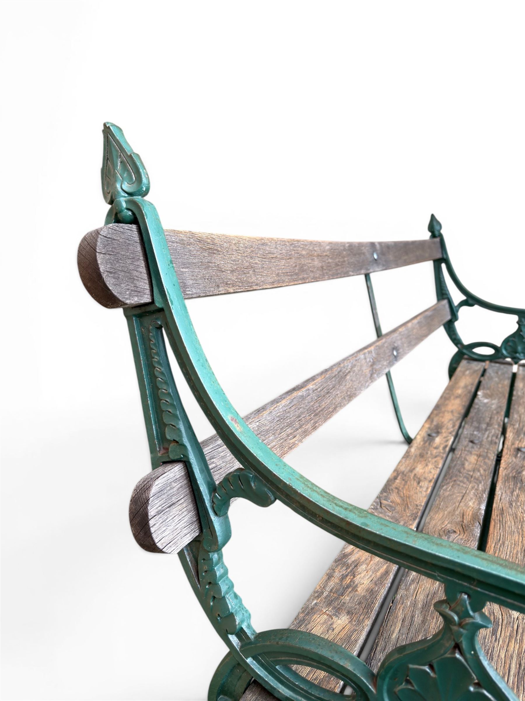 Coalbrookdale - Lily Pad design cast iron an wood slatted garden bench, late 19th century Aesthetic Movement, no. 217569, painted in green with iron centre support and seat stretcher, hardwood slatted