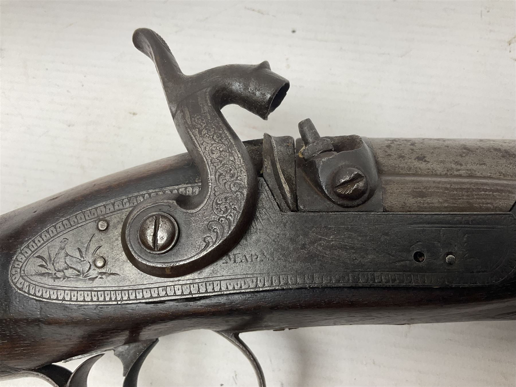 19th century take down 'cripple stopper' single barrel percussion gun, removable walnut stock with bayonet style fitting, chequered grip and fore-end, approximately 8-bore, the 59.5cm (23