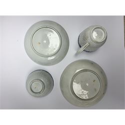 18th century Phillip Christian Liverpool reeded and floral moulded tea wares, comprising coffee pot, tea bowl and saucer, and coffee cup and saucer, each detailed with foliate and trellis borders, teapot H25cm, tea bowl D7.5cm, saucer D13cm 