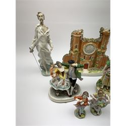 Victorian Staffordshire figure of a soldier on horseback entitled 'Peach' H29cm, Victorian style Staffordshire flatback in the form of a clock tower, pair of Sitzendorf porcelain figures, other simiar style figures and a Nao figure modelled as Don Quixote (8)