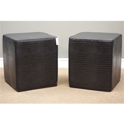  Pair footstools upholstered in black faux crocodile skin, 45cm x 45cm, H50cm  