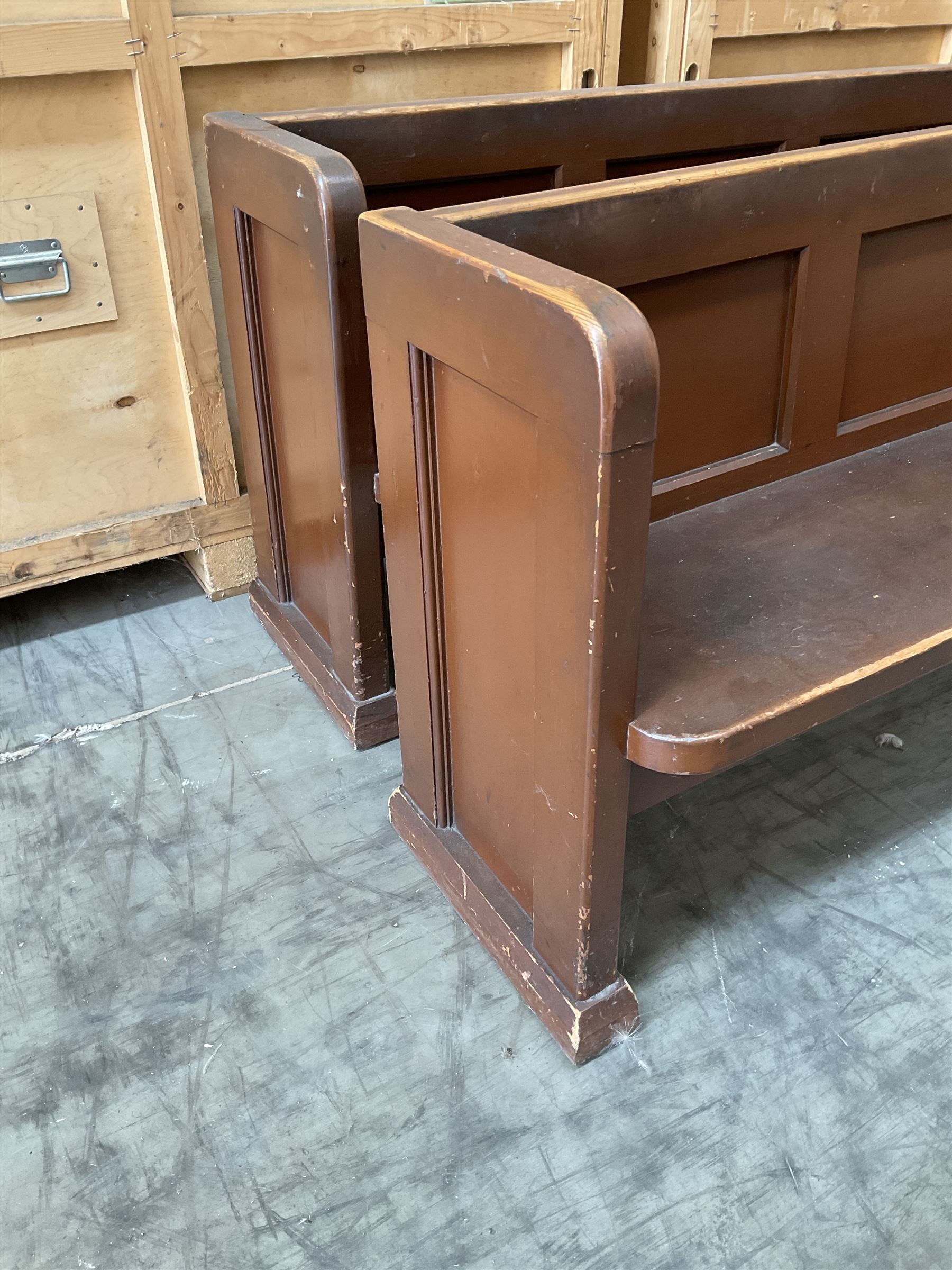 Pair of brown painted wooden church pews  - THIS LOT IS TO BE COLLECTED BY APPOINTMENT FROM DUGGLEBY STORAGE, GREAT HILL, EASTFIELD, SCARBOROUGH, YO11 3TX