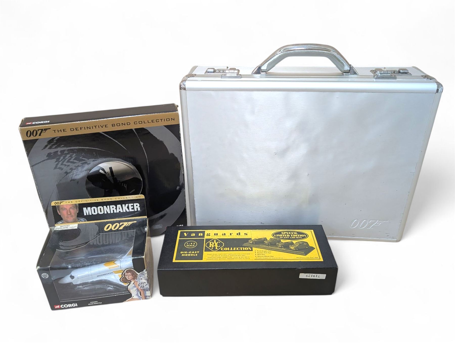 James Bond DVD collection, housed in a 007 collectors briefcase, together with Corgi The Definitive Bond Collection Film Canister 4 Piece Set CC99106, Corgi James Bond Space Shuttle CC04001 and a Vanguard RAC special limited edition diecast model set, all boxed