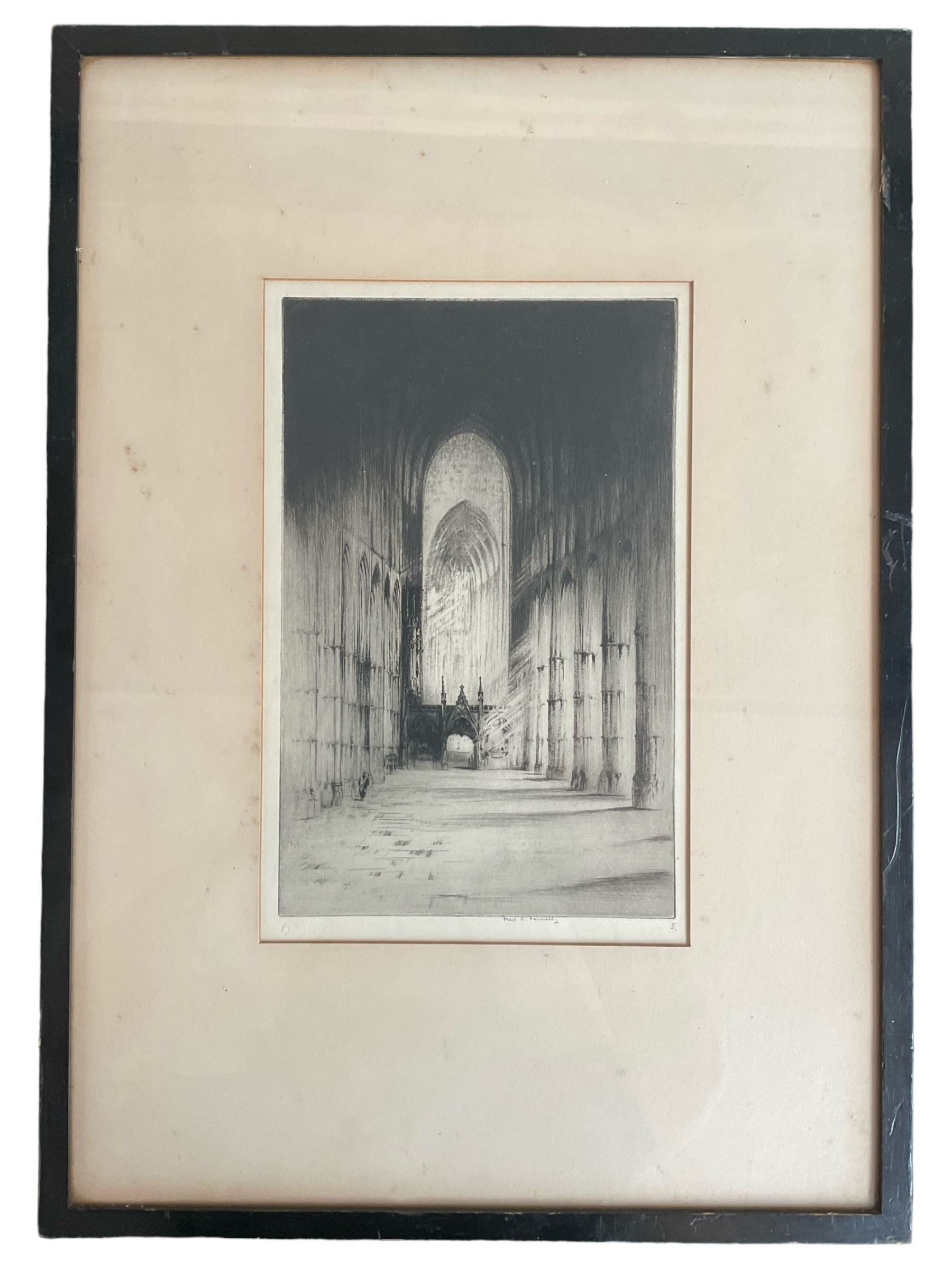 Frederick Arthur Farrell (British 1882-1935): 'Westminster Abbey' Interior, etching signed and blind stamped, with Thomas Agnew & Son labels verso 30cm x 19cm