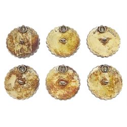 Set of six late 18th century French portrait miniature buttons, each finely painted upon ivory with a likeness of notable figures of the French Royal Court, set under glazed panels within silver frames mounted with paste stones, engraved verso with the sitters’ names and fitted with eyelets, later adapted with suspension rings; comprising “LE ROY” (Louis XVI), “LA REINE” (Marie Antoinette, youth portrait), “LA REINE” (Marie Antoinette, mature portrait), “MADAME” (Maria Josepha of Savoy, 1771–1810, wife of Louis, Comte de Provence, later King Louis XVIII), “M. BAILLY” (Jean Sylvain Bailly, 1736–1793, Mayor of Paris), and “M. L’ABBÉ MAURY” (Jean-Siffrein Maury, 1746–1817, Cardinal and Archbishop of Paris), overall D3.5cm. This lot has been registered for sale under Section 10 of the APHA Ivory Act