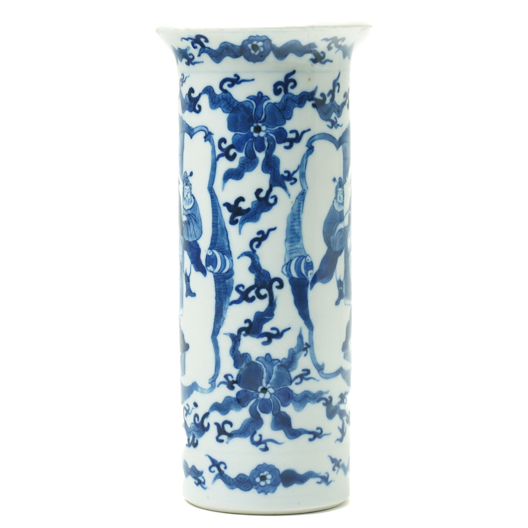 Chinese blue and white sleeve vase, finely painted with panels of warriors performing for an emperor, surrounded by bats, four character Kangxi mark to base, H20cm 