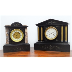  Victorian polished black slate and marble mantel timepiece, white Roman dial signed Clarke & Sons. Bedford, H27cm and a Victorian black slate architectural case mantel clock, twin train movement striking the half hours on a bell, H29cm (2)    