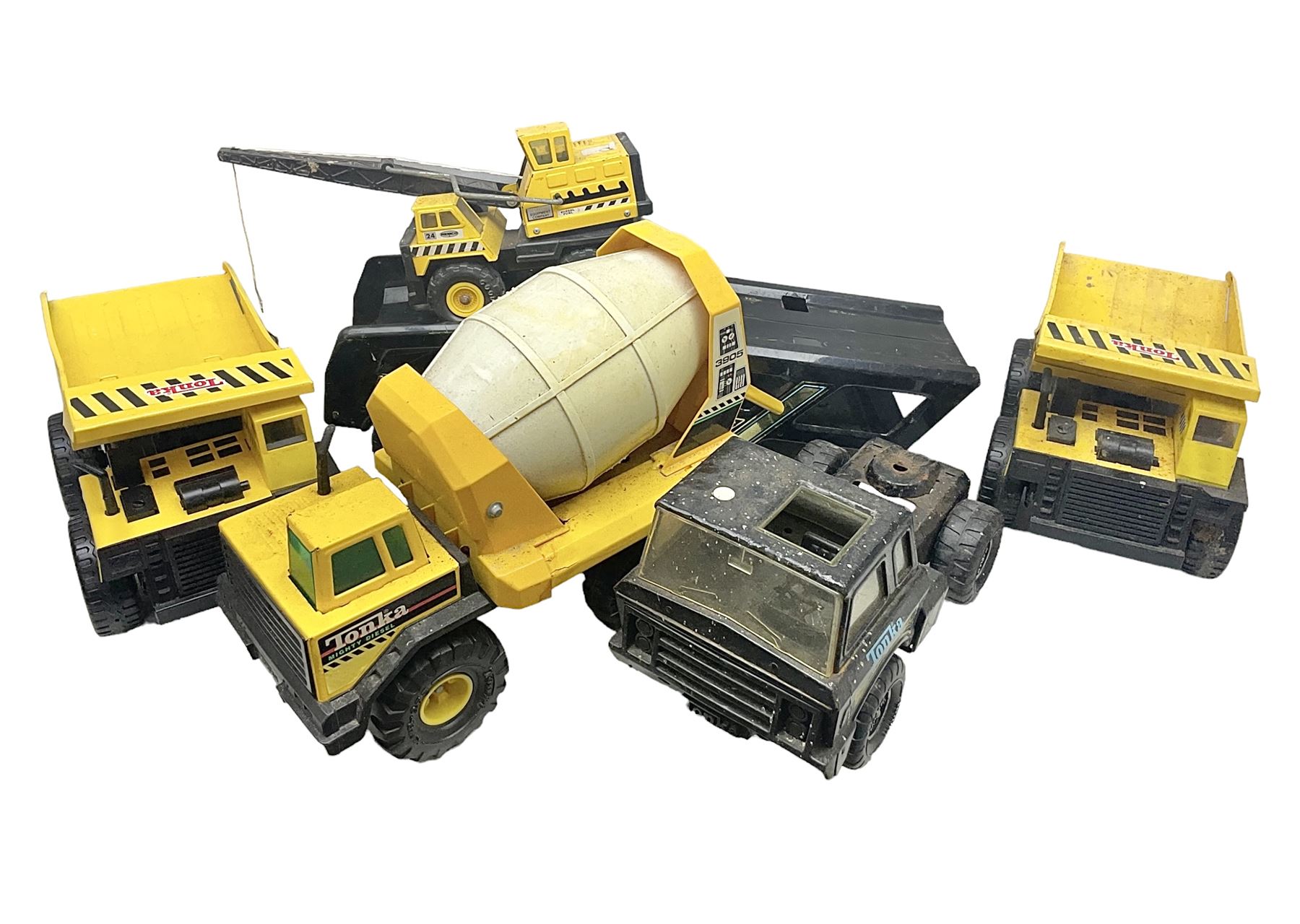 Tonka - five large scale steel pressed vehicles comprising Cement Mixer, Car Transporter, Mobile Crane and two Dumper Trucks (5)