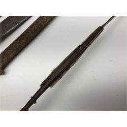 19th century continental folding knife with 15.5cm single edged blade, the pierced brass and iron handle with remains of horn grips L21.5cm overall closed; turned horn handled knife with foliate engraved blade; battlefield relic German 1884/98 knife bayonet; iron spear head; leather covered swagger stick; and two-piece gun cleaning rod