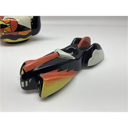 Lorna Bailey Mirage pattern teapot, together with Lorna Bailey batmobile egg cup, both signed beneath, teapot H10cm