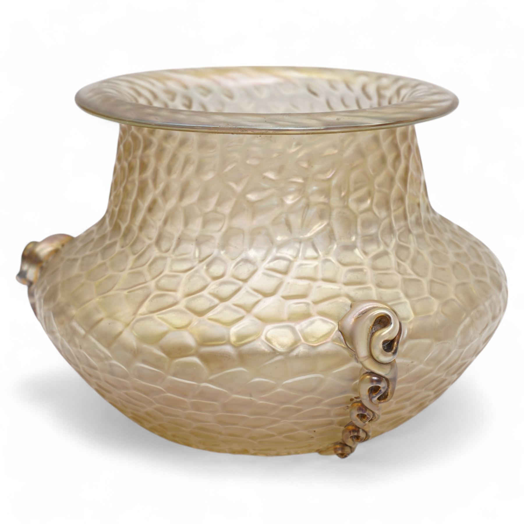 Kralik art deco style glass vase in the 'Martele' pattern, of squat baluster form, with applied scrolled details, in a golden iridescent finish H12cm 