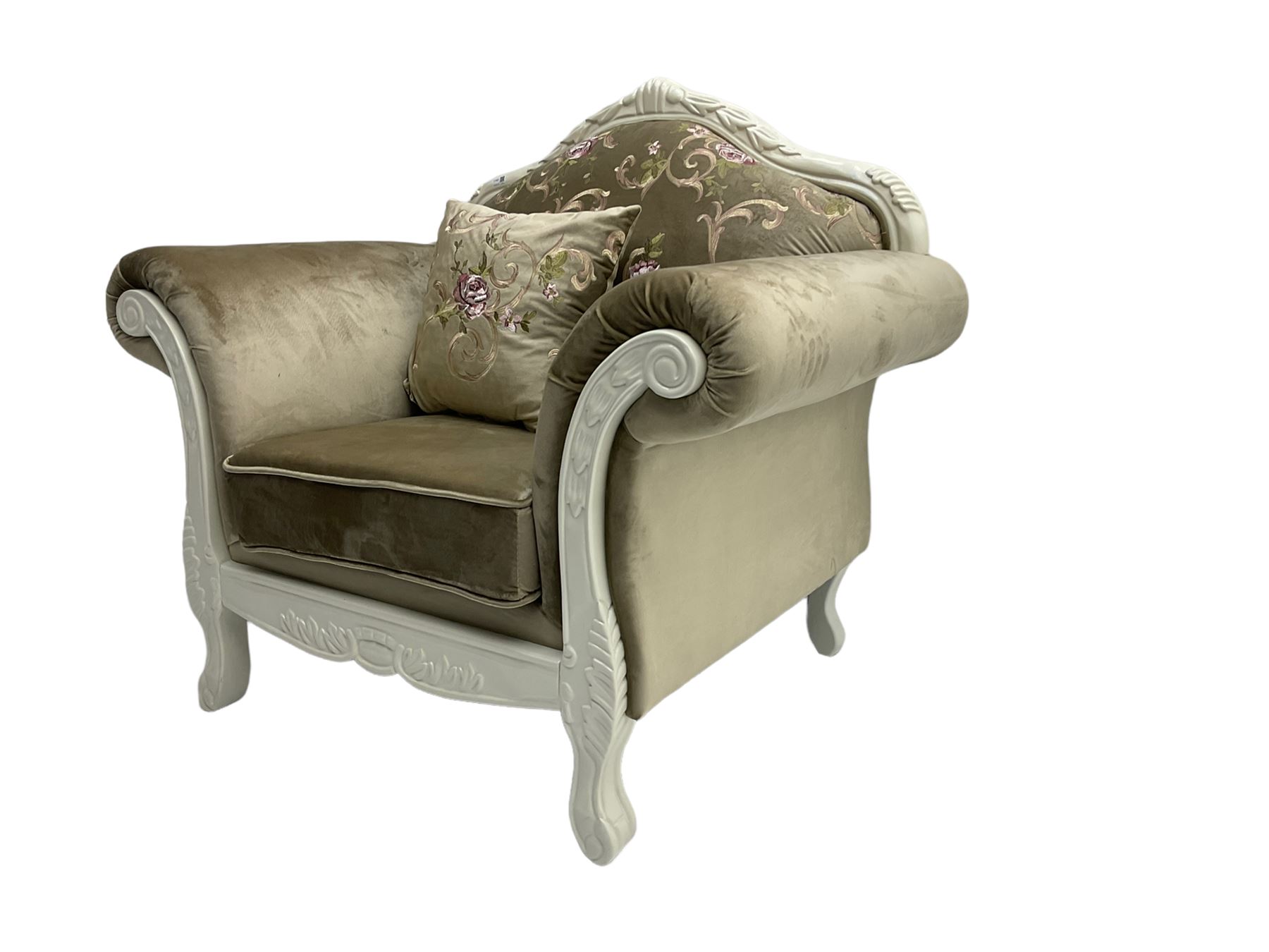 French style white finish armchair, upholstered in grey fabric with scrolling floral pattern, the frame decorated with leaf motifs 