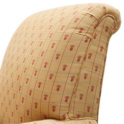 Pair of Victorian style armchairs of traditional shape, high rolled and sprung back over rolled arms, upholstered in chequered fabric with pineapple motifs with loose seat cushion, on turned feet with brass castors