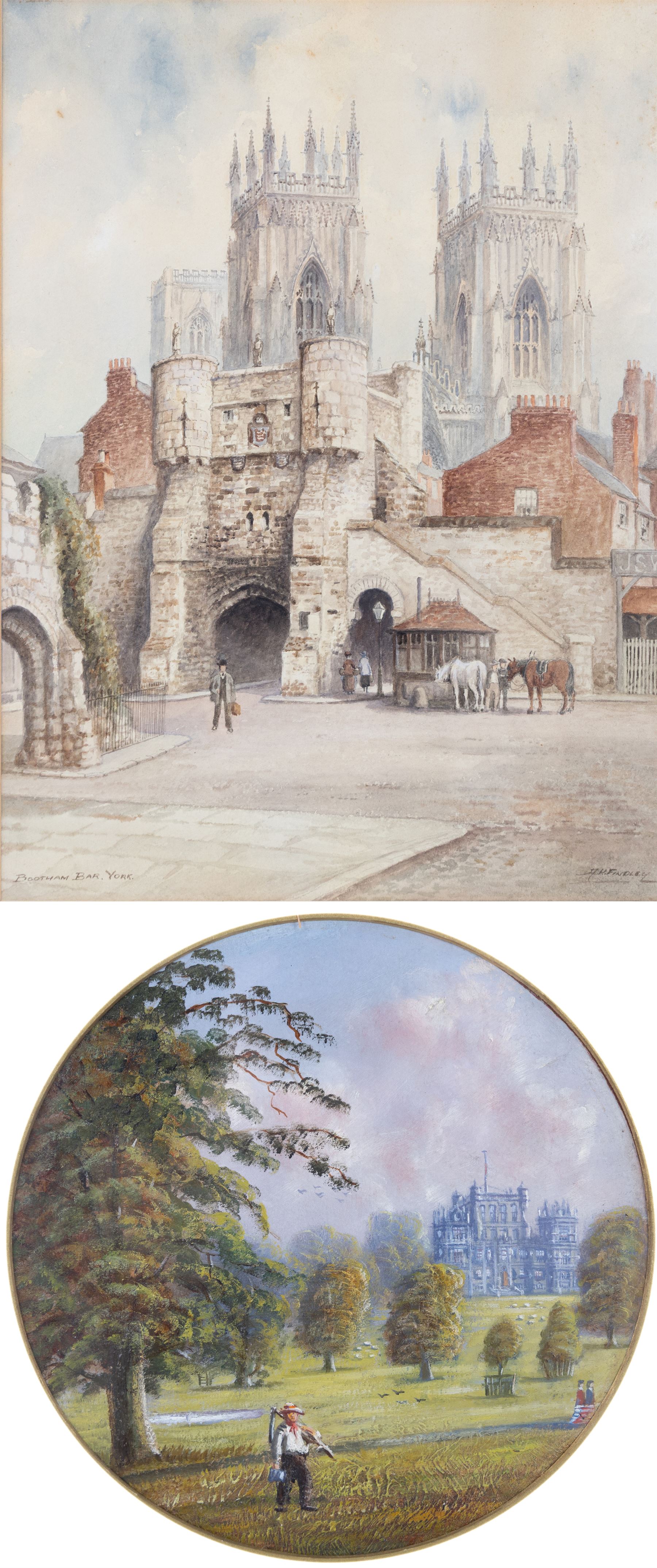 Albert Henry Findlay (British 1880-1975): 'Bootham Bar - York', watercolour signed and titled, 37cm x 27cm; together with a circular oil depicting Wollaton Hall, D21cm (2)