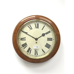  Early 20th century oak framed wall clock, circular Roman dial with brass bezel, single train keywind movement, D40cm  