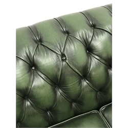 Three seat Chesterfield sofa upholstered in deeply buttoned green leather, W200cm