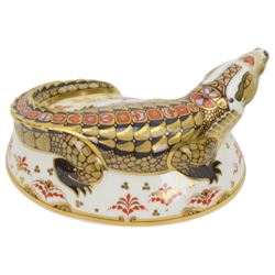 Two Royal Crown Derby paperweights, comprising Crocodile, with gold stopper and original box and Imari Dragon with gold stopper  