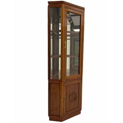 Chinese rosewood corner display cabinet, upper glazed illuminated cabinet above lower cupboard