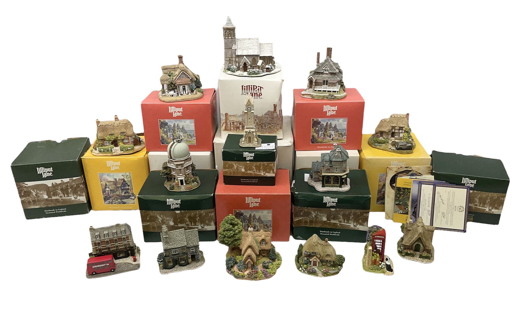 Fourteen Lilliput Lane cottages to include 'Diamond Cottage', 'Kendal Tea House', Visitor's Centre Special 'It's For You' signed to base, The British Collection 'The Sherlock Holmes' etc, all boxed with deeds