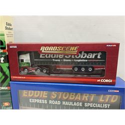 Corgi Eddie Stobart - Hauliers of Renown CC19904 Curtainside Trailer; two limited edition Scania R Curtainside CP18110 & CP18111; Roadscene CC18106 Scania R Curtainside; and three customer livery lorries CC86603  Sunpride, CC86604 Knauf and CC86702 The Mirror; all boxed (7)