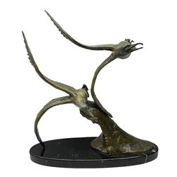 Art Deco sculpture, after Rulas, modelled as two gulls in flight upon a on marble base, signed Rulas, H63cm
