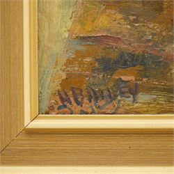 H Bailey (British Mid-20th century): Still Life of Sunflowers in a Vase, oil on board signed 50cm x 37cm; Sibil Elizabeth Swinden (British Mid-20th century): Still Life of Blue Flowers in a Pot, oil on canvas labelled verso 44cm x 34cm (2)