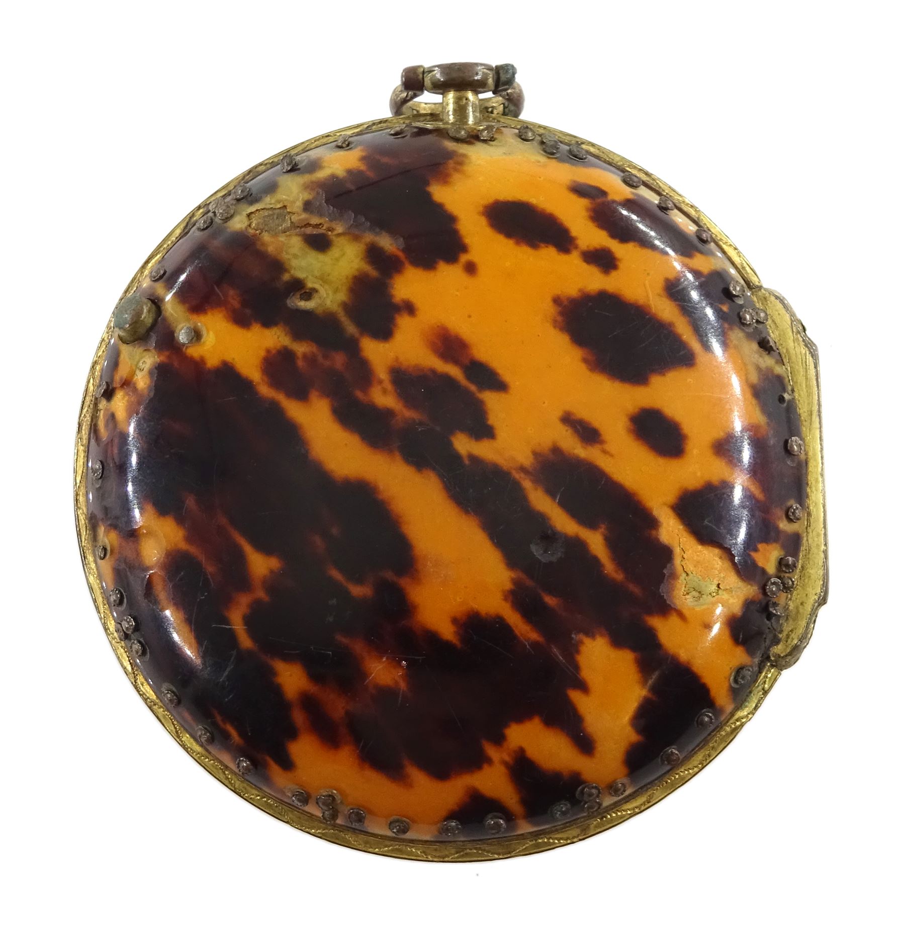 George III gilt metal, triple cased verge fusee pocket watch, for the Turkish market by Benjamin Barber, London, No. 6187, tulip pillars, pierced and engraved balance cock decorated with a classical urn, white enamel dial with Turkish numerals, the outer tortoiseshell case, with pique work borders