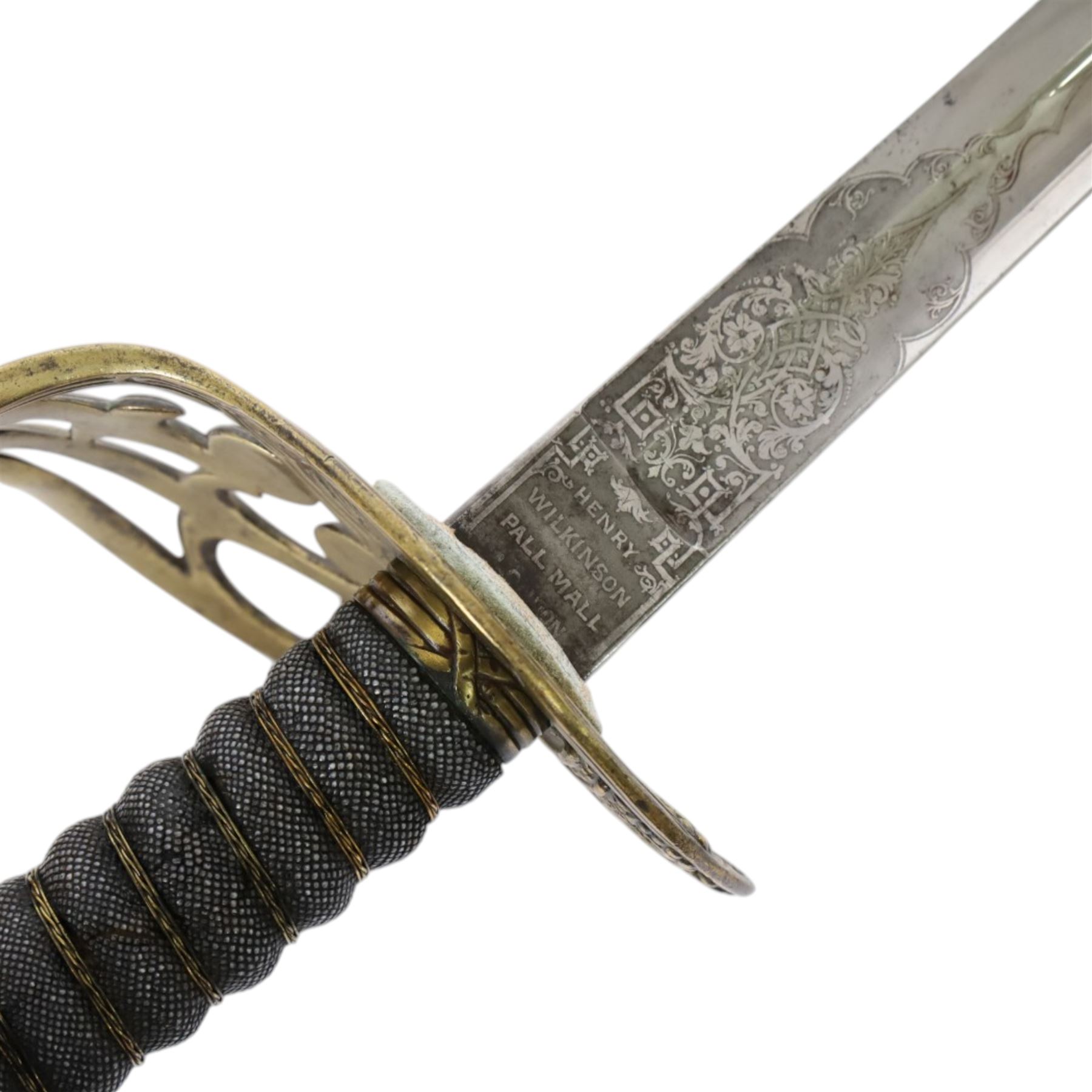 British 1874 pattern, named, 2nd Life Guards State sword by Henry Wilkinson, Pall Mall London, circa 1912, the 94cm straight single edged blade with George V monogram and cypher, together with battle honours and owners initials H.L.H, marked 43714 to the top, the steel nickel plated basket hilt with applied George V crown and 2nd life Guards monogram in gilt brass, shagreen bound grip with triple silver wire, with steel nickle plated scabbard with triple brass mounts with twin suspension rings, overall L114cm