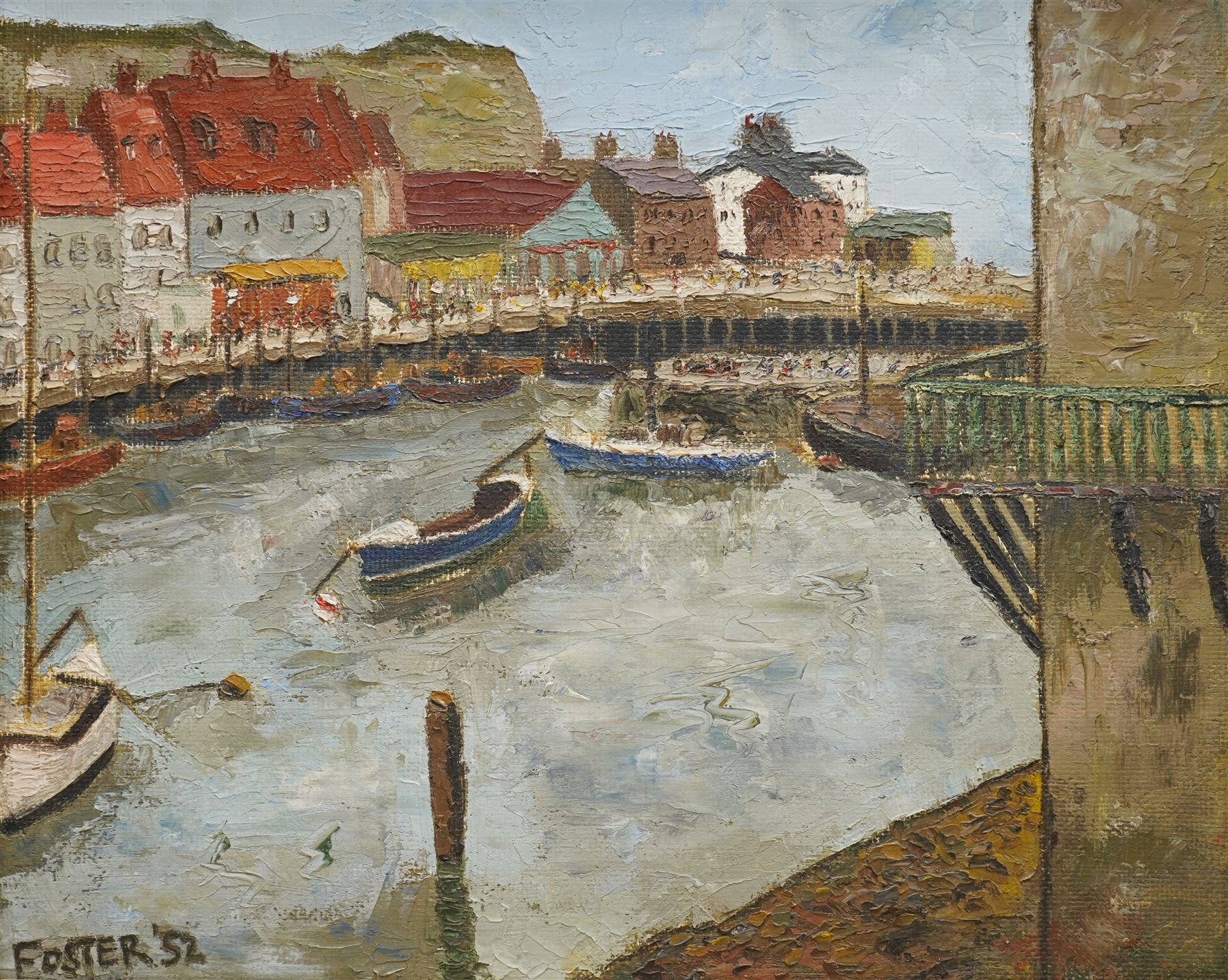 Foster (British mid-20th century): Busy Harbour Scene, oil on bard signed and dated '52, 35cm x 43cm