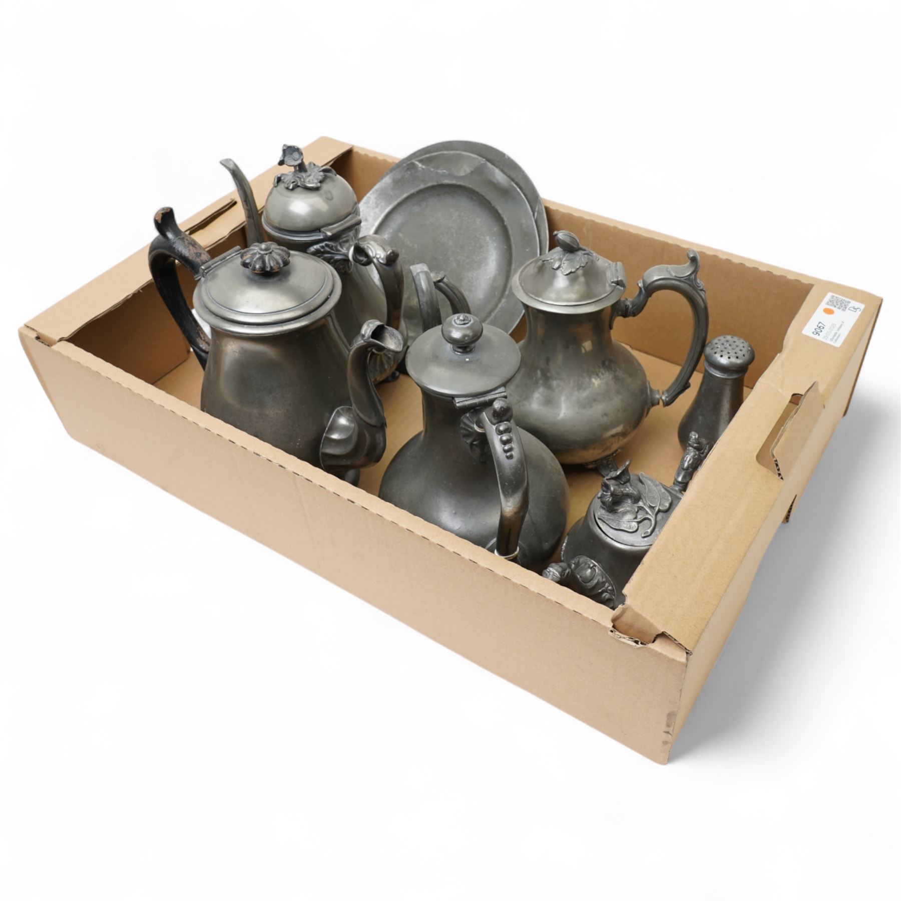 Victorian pewter coffee pot by James Dixon, three others, pewter sand shaker, teapot and two pewter plates