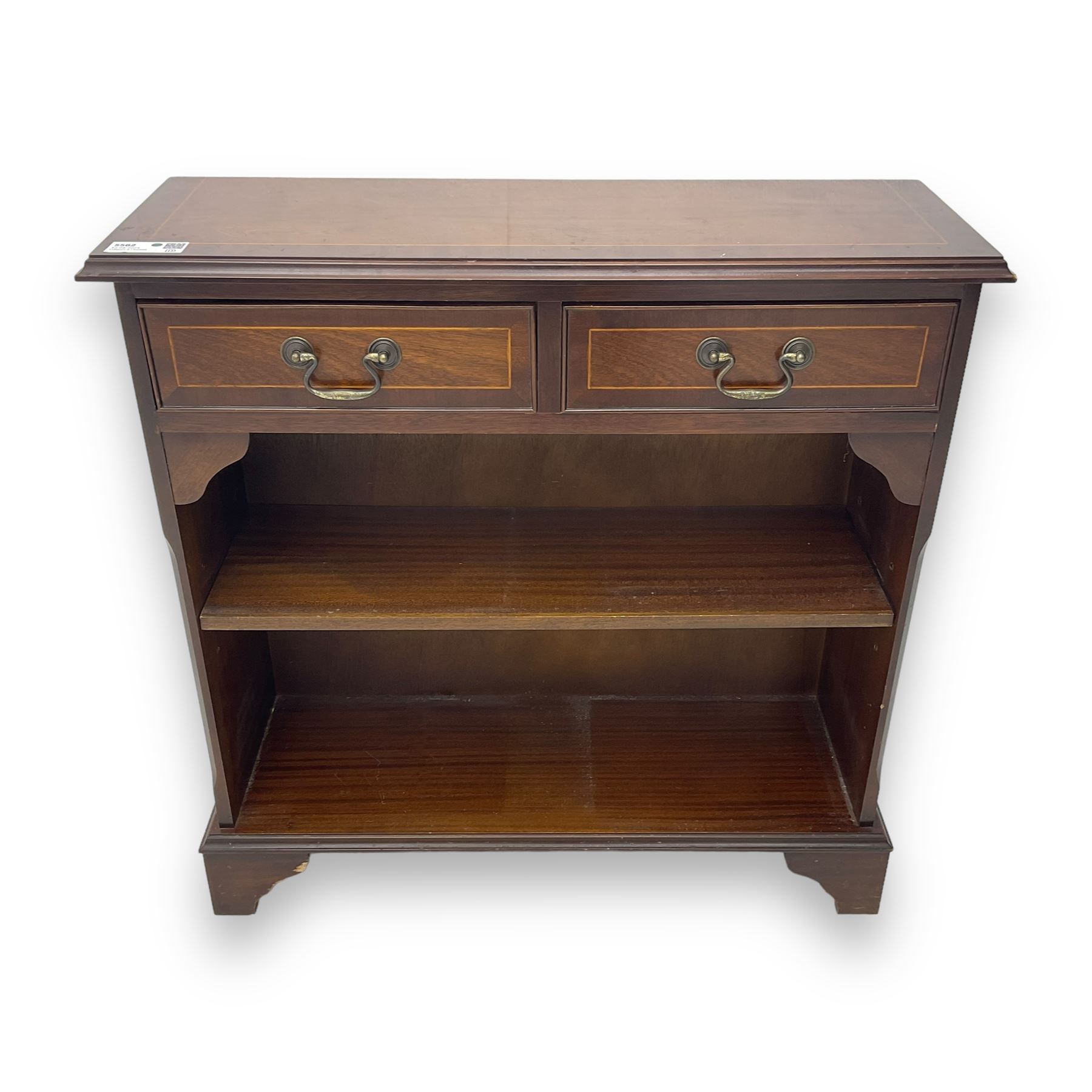 Early 20th century inlaid mahogany open bookcase, rectangular top with boxwood stringing and moulded edge over two short drawers, two open shelves below, on shaped bracket supports