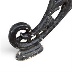 19th century cast iron and wood slatted garden bench, serpentine scroll form, ornate bow ends finished in green paint