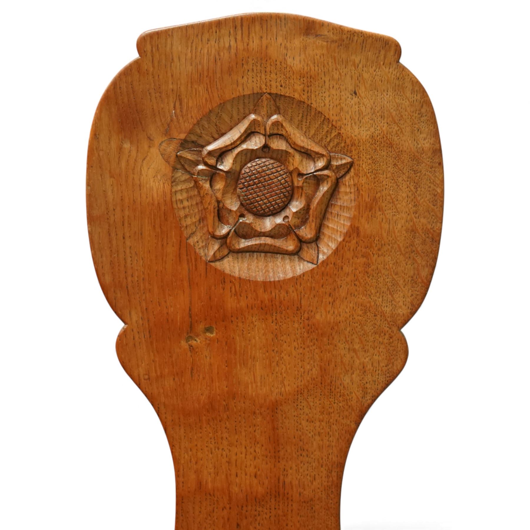 Gnomeman - oak spinning chair, shaped adzed back with carving of a Yorkshire rose, adzed seat with wedged through tenons, on square chamfered supports, signature carved Gnome by Thomas Whittaker of Littlebeck